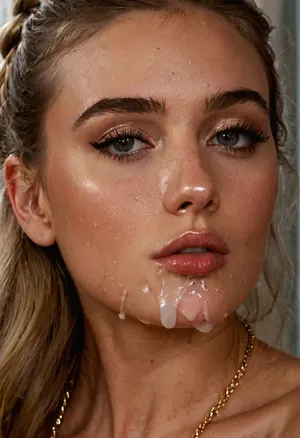 Create high quality picture with super high resolution, Camera closeup face, Outstanding Beautiful petite supermodel, 21-year old skinny girl, light blonde Side Braid Bun, glam Makeup, eyeliner, lipstick, full Lips, kissing, Defined nose, Long lashes, Glowing skin, Tender flushed cheeks, Upturned intense, luminous Eyes, fit, svelte, graceful, dainty Girl, Expensive silver jewelry, (Smoldering, Sultry, Alluring, Languid, Breathy gaze, begging, orgasmic face, cute looking, rolling eyes), (((massive facial, tons of cum. Flowing from mouth to chin))), cum on face, cum on hair, cum on legs, facial, open mouth, (location, expensive, modern glass lodge, light colors, Sunbeams penetrate through the bigglass window and illuminate body and hair from behind), (cum in mouth:1.3), Squirting from pussy, (bukkake, hard penises close around her face, penises spreading cum to face), (expensive black high-neck top, small tits contures visible through top, Pussy visible throgh wet slip), She sweats. bukkake, cum, facialized, superfacialized