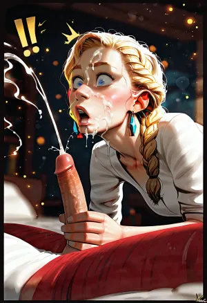 1girl, girl lying, on back, on bed, 1boy, boy kneeling, erection, male masturbation, cumshot, projectile cum, facial, blonde hair, braid, from side, low angle, ((surprised)), exclamation mark, look up at him masterpiece, ultra-HD, cinematic lighting, photorealistic, realistic, impressionism, high detail, depth of field, (blurred background), (dramatic lighting), masterpiece, best quality, very aesthetic, 8k, (light particles:1.4), nsfw, scenic, rim light, s1_dram, dynamic angle, incase, style, <lora:287175_training_data:.8>