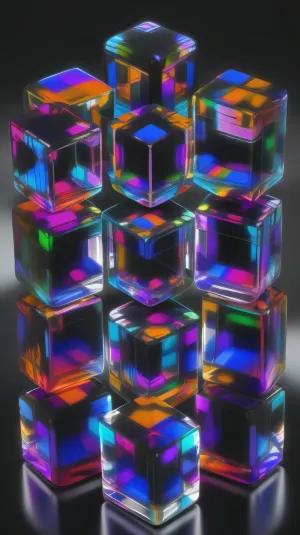 Several interlocking cubes with reflections and different colors. And on a black background.