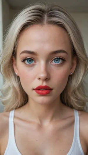 a provocative, bold, sensual look, a hypnotizing look straight at the viewer, eye contact, red lipstick, blue and silver eyes shadows, big lipstick, very petite, tiny, very cute young face, incredible beautyful face