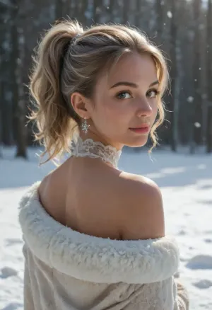 score_9_up, score_8_up, score_7_up, masterpiece, A gorgeous girl, thin, tanned skin, platinum blonde hair, wave hair with ponytail, 22 years old, on her knees, fur robe, undressed, white stockings, smiling, white lace choker, pink lips, (((snow, ice, snowing, snowflakes, in, on, head, shoulders, upper, body))), sunlight from behind, shadow