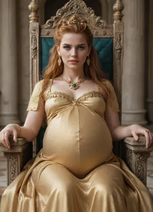 (Anna Henrietta), (sitting on throne), (palace), (exact faces), (witcher 3), (pregnant:1.6), (in clothes:2), (long gold dress:2), (jewelry:2), (rings:1.5)