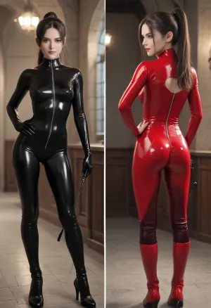 'new realistic masterpiece, best quality, amazing quality, highest score, absurdres, uncensored, photo perfect, 1for1 of Natalie Mars, newest, highres, masterpiece, foreshortening, field of depth, 1girl, 1trans, hetero, black hair, high ponytail, eyeshadow covered nipples, puffy nipples, latex, evil smirk, full lips, black lipstick, sexy, hot, supermodel, make up, indoors, female standing, dungeon with chains, nude male, male BDSM, cute trans girl, dominant femdom BDSM persona, insanely hot very skinny girl, brunette ponytail hair, translucent dark red latex suit, silver trim, black knee-high latex boots, black elbow gloves, riding crop, dominatrix mask, suit adjusted to reveal hips, leaning forward, looking back at viewer, intricate eyes, perfect eyes, wicked grin, head tilted slightly, reaching back with hand on hip, BDSM-Black Room, BDSM Dungeon, multiple model angles with same pose, hyper-realistic details, lifelike textures, vivid lighting, sharp focus, exact replica of Natalie Mars' face'