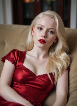 25 year old albino girl, laying on the couch in living room, blonde long hair, wearing red crimson dress, red lipstick
