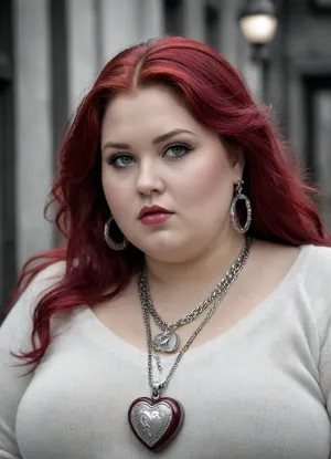 high end photograph black and white with color select with burgundy of a obese young beautiful chubby woman with very long bright burgundy hair slightly dramatic makeup large sliver Hoop earrings with with a high end white cashmere sweater with a tiny silver chain and silver tiny heart locket on it hyper detailed hyper focused 3d effect extreme extreme depth textured paint romance surrealism analytical whimsy fantasy romantic surrealism mystical adornments everywhere, fat