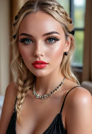 portrait, sexy young blonde, (braids:1.2), very rich, ultra realistic smart incredibly beautiful seductive face, supermodel, young escort woman, 18 years old, looks directly at the viewer, ((full make-up:1.6)), huge blue eyes, ((long thick black false eyelashes:1.6)), ((heavy black eyeliner:1.2)), tiny nose, full plump lips, cupid's bow lips, ((pouting:1.3)), dark pink lipstick, ((extremely glossy shiny lustrous lips:1.8)), gigantic breasts, ((deep cleavage:1.2)), expensive gold earrings and a necklace with large diamonds, luxury hotel room, HDR photo, best quality, ultra-detailed, masterpiece, finely detail, highres, 8k, photorealistic, perfect illumination, best shadow, best shot, soft lighting, perfect fingers, ((Ultimate realistic photo details)), (((dynamic sexy pose))), (((bright sunlight))), detailxl, <lora:MJ52:.8>, <lora:attractive_notrigger:2>, <lora:DetailedEyes_V3:2>