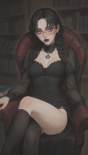 girl, 20 years old, ((naive face, blushing)), (glasses, blue eyes), ((glamorous goth makeup, black lipstick)), petite little body, (jet-black long hair), (braids), beautiful face, big round eyes, beautiful hair, medium firm round breasts, see-through pierced nipples, stunning quality, (short black a-line dress), ((beautiful smooth vagina visible)), (queen of spades tattoo above vagina), toned legs, (long black stockings, black thong pulled to side), (sitting on chair reading book at library, looking at the camera), legs crossed, perfect eyes, (Outline), (cartoon), tooned, cartoon, low color palette, painted, no gradients, incase style, concept, retro, futuristic, flat colors, masterpiece, <lora:ratatatat74-000050:.9>, <lora:outline_xl_kohaku_delta_spv5x:.5>, <lora:cartoon_stickers_xl_v1:.6>, <lora:NEOTOKIOXL_0.2_RC:.4>, <lora:DetailedEyes_V3:.6>