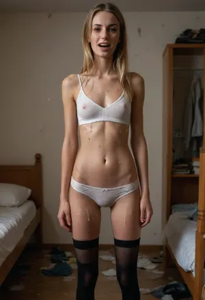 (A very long and skinny pretty slowakian woman standing in a messy and dirty, cluttered college dorm room with cum stains on the walls and messy surroundings), She has a straight, thin and skinny body type with a flat stomach, visible hipbones, long skinny legs, and a pronounced thigh gap, (Her facial and body features and proportions resemble Ishynya model with examples on https//faponic.com/ishynya/), She has long, messy straight blonde hair, (She’s wearing long, thin, black thigh-high stockings, low-waisted white panties soaked in cum, and a knitted, skintight sports bra—lightly see-through and stained with splashes of cum), ., (Her body and clothing are covered in cum), The composition is a full-body view with natural but well-lit front-facing lighting. The image is photorealistic, high-resolution, and provocative and edgy. The woman has a happy and very horny look with open mouth with white cum drooling.