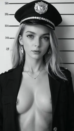 (Monochrome photograph:1.5), (film grain:1.5), Beautiful female 1940s Chicago police officer in a vintage police mugshot style photo. Slim but strong build, fair skin, bold lipstick, hair neatly styled in 1940s waves under a tilted police cap. Wearing an authentic 1940s Chicago police uniform, navy jacket with brass buttons and badge. Shot up against a plain wall with height chart markings, holding a vintage mugshot placard with serial numbers. Black and white photography, grainy 1940s film texture, harsh flash lighting, slightly faded and worn look, authentic period accuracy.