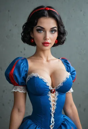 (Snow White from Disney:1.4), super sexy hourglass body, medium big breasts, sexy makeup, black eyeshadow, lots of eyeliner, (super detailed and sexy lace Outfit:1.5), (()), cleavage, EXOTIC, big fake lips, small waist, big butt, curvy, thin waist, igbebe, <lora:MJ52:.8>, <lora:Rawfully Stylish v0.2_epoch_20:.8>, <lora:IG_Babe:.8>