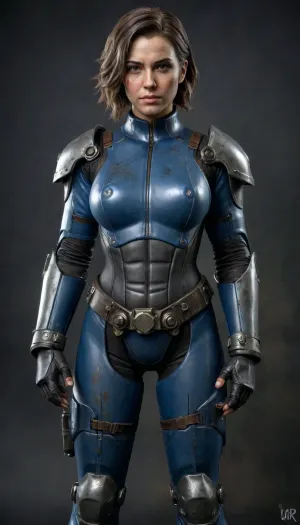 Fallout, Vault Girl, blue jumpsuit with leather shoulder harness and leather protective pads, long legs, symbolism, full-length, sketch, graphic, gray-brown, black background, cell-shading, traces of movement visualization, acceleration effect, Wet watercolor sketch streaks, Cyberpunk, Grunge, The harsh strokes of eroticart, Arush Votsmush, in, the, style, of, fallout-power-armor, <lora:fallout-power-armor-sdxl-v1-000056:.8>