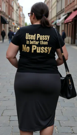 55 year old milf, (chubby), (dark-haired ponytail), stands in a shopping street. She wears a skirt and a black t-shirt and a handbag., (photography is taken from a drone), On her t-shirt is a Text printed in golden letters "Used Pussy is better than No Pussy", <lora:flux-age_sliders_latest_diffusers:.6>