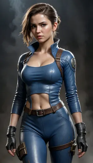Fallout, Vault Girl, blue jumpsuit with leather shoulder harness and leather protective pads, long legs, symbolism, full-length, sketch, graphic, gray-brown, black background, smoke, cell-shading, traces of movement visualization, acceleration effect, Wet watercolor sketch streaks, Cyberpunk, Grunge, The harsh strokes of eroticart, Arush Votsmush