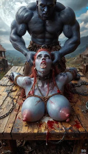 brigitte from Overwatch, missionary, dragon fuck her pussy, sexy leather superman outfit, gigantic breasts, slim hourglass body, (erect nipples:2), full body, masterpiece, best quality 4k HDR high resolution realistic female drow elf barbarian, (dark night blue skin:1.32), tall, angry, busty, curvy, thin waist, big boobs, big butt, slim, athletic, fit, vitiligo, strong, fur pelt armor, dungeons and dragons, purplish blue skin, black and purple hair, Dark, Elf, Warrior, Drow, tattooed, scarred, purple eyes, uberfit, muscular, blue skin, amazon, giant, fur barbarian armor, bloody, blood spatter, bear, bear heart, (in a bloody filed after a battle, white full moon in the sky:1.4), (man is choking her from behind:1.4), ((hogtied, bound with large chains, tied to a torture table:1.3)), cock in mouth, (brutal face fuck), Blowjob, (tears in eyes:1.5), (running makeup), (cum drips from nose:1.3), (cum drips from mouth:1.3), ultra hd, photorealistic, hyper gigantic large black cock in mouth, (((hyper gigantic large black cock in mouth:1.3))), oral cream pie, hair grab, sad, sad crying, tongue out, gasping for air, zavy-brbrn, gangbang, double anal penetration, anal spitroast, groupsex, deepthroat, (4 gigantic African black brute thug, huge trunklike arms, huge head, hyper muscular body, dressed in slave clothes:1.2), defeating a woman in combat, fighting, killing, blood, winning fight, magazine cover, Realism_Quality_2xx_By_Stable_Yogi, score_9, score_8_up, score_7_up, (((very pretty face:1.3))), (((extremely ultra detailed face:1.3))), perfect fingers and hands, upper body view, (extreme size difference:1.6), (ultra realistic), (maximum quality), (high resolution), (extreme detail), (ultra realism), UHD, super high quality, highly detailed, high resolution, perfect lighting, natural lighting, Uber realistic, ultra detailed, 35mm photograph, film, professional, 4k, hdr, photographic, ultra realistic, ultra high details, back light, (dynamic pose), (dynamic angle), (random angle), (random pose), (dynamic view), (random view), best quality, volumetric lighting, golden hour lighting, dramatic shadows, rich details, nature-inspired color palette, a, zavy-brbrn-sdxl, 2>, photograph, <lora:detailed_notrigger:2>, <lora:CinematicStyle_v1:2>, <lora:MJ52:2>, <lora:zavy-brbrn-sdxl:2>, <lora:LCMTurboMix_Euler_A_fix:2>