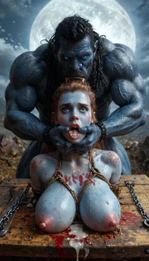 brigitte from Overwatch, missionary, dragon fuck her pussy, sexy leather superman outfit, gigantic breasts, slim hourglass body, (erect nipples:2), full body, masterpiece, best quality 4k HDR high resolution realistic female drow elf barbarian, (dark night blue skin:1.32), tall, angry, busty, curvy, thin waist, big boobs, big butt, slim, athletic, fit, vitiligo, strong, fur pelt armor, dungeons and dragons, purplish blue skin, black and purple hair, Dark, Elf, Warrior, Drow, tattooed, scarred, purple eyes, uberfit, muscular, blue skin, amazon, giant, fur barbarian armor, bloody, blood spatter, bear, bear heart, (in a bloody filed after a battle, white full moon in the sky:1.4), (man is choking her from behind:1.4), ((hogtied, bound with large chains, tied to a torture table:1.3)), cock in mouth, (brutal face fuck), Blowjob, (tears in eyes:1.5), (running makeup), (cum drips from nose:1.3), (cum drips from mouth:1.3), ultra hd, photorealistic, hyper gigantic large black cock in mouth, (((hyper gigantic large black cock in mouth:1.3))), oral cream pie, hair grab, sad, sad crying, tongue out, gasping for air, zavy-brbrn, gangbang, double anal penetration, anal spitroast, groupsex, deepthroat, (4 gigantic African black brute thug, huge trunklike arms, huge head, hyper muscular body, dressed in slave clothes:1.2), defeating a woman in combat, fighting, killing, blood, winning fight, magazine cover, Realism_Quality_2xx_By_Stable_Yogi, score_9, score_8_up, score_7_up, (((very pretty face:1.3))), (((extremely ultra detailed face:1.3))), perfect fingers and hands, upper body view, (extreme size difference:1.6), (ultra realistic), (maximum quality), (high resolution), (extreme detail), (ultra realism), UHD, super high quality, highly detailed, high resolution, perfect lighting, natural lighting, Uber realistic, ultra detailed, 35mm photograph, film, professional, 4k, hdr, photographic, ultra realistic, ultra high details, back light, (dynamic pose), (dynamic angle), (random angle), (random pose), (dynamic view), (random view), best quality, volumetric lighting, golden hour lighting, dramatic shadows, rich details, nature-inspired color palette, a, zavy-brbrn-sdxl, 2>, photograph, <lora:detailed_notrigger:2>, <lora:CinematicStyle_v1:2>, <lora:MJ52:2>, <lora:zavy-brbrn-sdxl:2>, <lora:LCMTurboMix_Euler_A_fix:2>