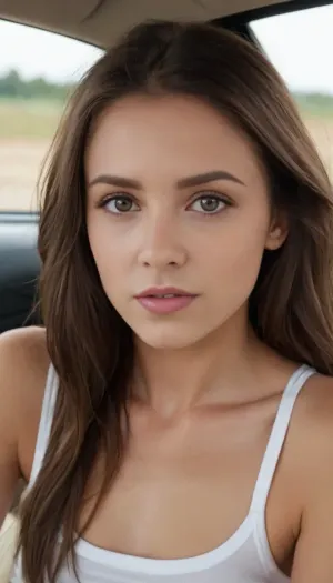 a sexy 18 year old athletic brunette, gorgeous young looking woman, beautiful brown eyes, perfect tan, smaller perky breasts, small and perky areolas, perky nipples, pale skin, slender, (brunette hair, center-part hairstyle), sitting in car, flashing breasts, shirt pull