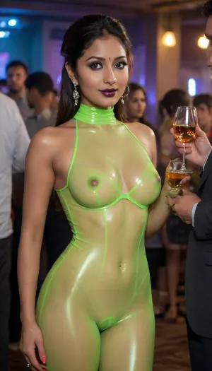 Indian Bengali bhabhi, 18 years old young Beautiful sexy bengali sexy married wife, prominent sexy face, mediam breasts, high tied up hair, (smile:.7), (clothing, fully transparent glowing sparkling neon green latex t-neck bodysuit pantyhose, pantimedias, with a businessman who is in business suit, holding the business man's hand, in night on a crowded terrace party hair up, face view), hands in she back, rip pantimedias, (rip:.5), talking with a male man, crowded midnight club, high makeup, maskara, dark black lipstick, bindi, junk jewellery, network night club view in background, standing among the crowd, full body portrait, high stiletto heels, among the crowd, drinking whisky from glass properly holding the whisky glass in hand, closeup pussy view