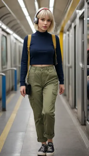 subject, stylish young European woman, (mid-20s), with straight platinum-blonde bob and fringe, red bandana tied over hair, white over-ear headphones setting, Tokyo-style metro platform, silver train with yellow + blue stripe rushing past behind her, strong motion-blur streaks pose, relaxed three-quarter standing, torso angled slightly left, gaze off-camera, left hand casually in green cargo-pant pocket, right hand on aluminium carry-on suitcase handle wardrobe, fitted long-sleeve black crop top, high-waist olive cargo pants, minimal jewellery, natural makeup with soft matte skin lighting, direct on-camera flash, (35 mm film snapshot look), crisp highlights on face and fabric, subtle grain style, high-detail photorealism, candid street-fashion editorial, shallow depth of field, 85 mm lens compression, vivid but true-to-life colours, dynamic motion blur background