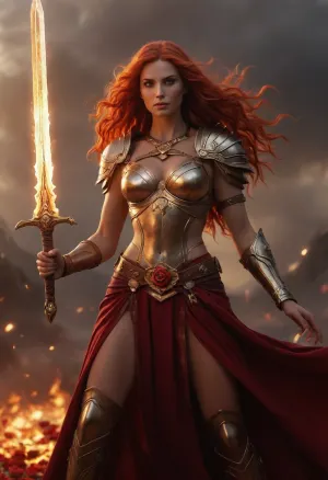 Female Path of the Zealot barbarian, divine champion of Sune, radiant and fierce. Tall and powerful athletic build, glowing with divine vitality. Strikingly beautiful features that echo her goddess, flowing fiery red hair that shimmers like flame, flawless skin with a warm golden glow, eyes sparkling with passion and fire, large bimbo breasts. Wearing a mix of barbarian armor and divine regalia, furs and leathers combined with flowing crimson and rose-colored silks, golden jewelry shaped like roses and suns. Wielding a massive greatsword engraved with radiant symbols, glowing faintly with holy fire. A magical aura of beauty and love surrounds her even in fury. Standing on a battlefield at dawn, fallen enemies at her feet, petals of roses drifting on the wind, holy light radiating from above. Ultra-realistic high fantasy art, highly detailed, cinematic lighting, atmosphere of divine fury and sacred beauty.
