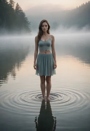 A serene, ethereal scene of a woman standing in a misty lake at dawn. The water is up to her stomach, and ripples outward gently from her body, creating concentric patterns across the surface. Soft morning mist rises around her, partially obscuring the distant shoreline. She stands gracefully, her silhouette reflecting faintly in the water. Subtle, diffused lighting highlights her form without harsh shadows, emphasizing calm, dreamlike atmosphere. Natural color palette with soft blues, silvers, and muted greens. Fine art photography style, cinematic composition, shallow depth of field.