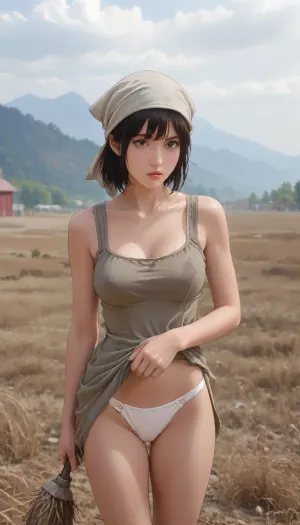 African-American slave, adult black woman, 45 years old, thin, black hair, brown eyes, short stature, working in the field, picking cotton, wearing a dirty dress, large firm breasts, panties, and a firm large ass, 19th century, USA. She is wearing a headscarf. In the background, there are mountains and a barn., <lora:outline_xl_kohaku_delta_spv5x:1.6>, <lora:NEOTOKIOXL_0.2_RC:.7>, <lora:Ppolar-P3v1-NbVp10:1.6>, <lora:cartoon_stickers_xl_v1:1.2>, <lora:EnvyStylizedXL01:1.8>