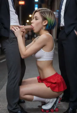 Side view urban city street photograph of a very petite and very slim slender 21 year old sexy model woman squatting down on roller skates and performing fellatio on a man in a suit., (side view blowjob:1), deepthroat blowjob, She is holding his cock and stroking it while she sucks it.

She is wearing a very short pleated miniskirt that exposes her cute little butt and a very revealing faded crop top, (skirt:1), . Her nipples are clearly visible under her tight crop top., braless, Wearing, clothes, that, make, sense, with, Braless>, <lora:bralessSDXL_v1_00022:.8>, Her hair is a stylishly elegant very short cut with colorful dyes, (short hair:1.4), ., rainbow, highlights, <lora:SDXL_rainbow_highlights_Sa_May_V2:.8>, <lora:ahxl_v1:1.2>, Neon, Night, page, <lora:Neon Night:.8>, woman, sucking, a, cock, <lora:WTS - WhatTheSuck - v1:.8>