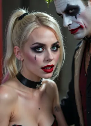 A hauntingly realistic, intriguing, portrayal of the Harley Quinn and Joker character. She, on her knees in front of him, gives a blowjob with a cumshot on her face. The background is dark and slightly blurred, adding to the eerie atmosphere. She wears a BDSM black leather choker. Moreover, she has light gray eyes with false lashes., <lora:BUT_SDXL_SHS:.8>, .