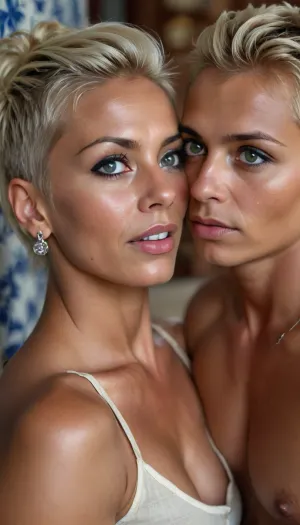 (woman 55 years old, full frontal view, (in front of blue and white azulejos tiles:1), face like brigitte hielsen, very big retrousse tits, wide angle picture, hyperrealistic, cinematic, best quality, 8k, light blonde hair, slicked back hair, feminine elegant pixie mohawk cut hair, warm smile, dark tanned skin, sexy elegant vamp, very fit body, very skinny, basic white linen summer kurta with button placket unbuttoned over the entire length open, extraordinary native american silver jewelry, skin pores, blemishes, wrinkles, wrinkles around eyes, tall, short-cut hair, pixie-cut, buzz-cut, shredded, woman, style, uberfit, dark, skin), (18 year old young man, innocent face), woman kissing young man, french, kiss, but, uberfit, muscular, athletic, <lora:A_SHort_Cut_v3_SDXL:.7>, <lora:Darker_skin_SDXL:.9>, <lora:476613_training_data:1.6>, <lora:BUT_SDXL_SHS:.8>, <lora:uberfit_lora_sdxl:.8>