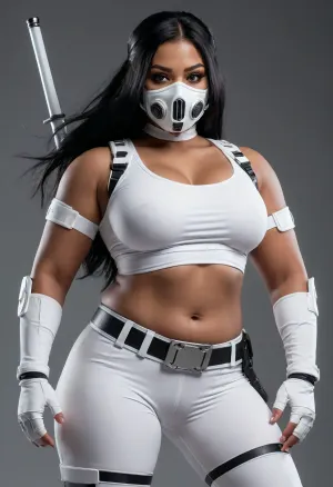 A dark black obese female warrior in all-white modern ninja outfit, cyberpunk style, crop top, gas mask, tight leggings with multiple belts, detailed white gloves, cameltoe, katana sword, long straight black hair with hair clips, silver hoop earrings, minimalist white and gray color scheme, digital art, highly detailed, clean lines, studio lighting, fashion illustration style, trending on artstation