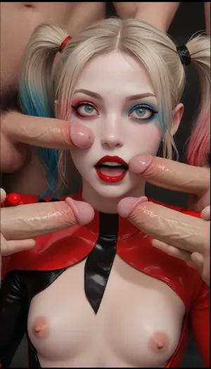 masterpiece, best quality, high resolution, hires, score_9, score_8_up, score_7_up, score_6_up, (Harley Quinn:1.4), blond hair in big fluffy pigtails one dyed blue the other dyed red, in a red and black skin tight leather clown wetsuit, slim body, flat chested, gumdrop nipples, big areola, hairy pussy, big bush, (Harley is on her knees giving handjobs to two cocks and deepthroating a third cock), metal nipple clamps, metal clamp on clit, ahegao expression, deepthroat, throat penetration, sloppy wet mouth, many man stroking cocks around Harley's, (gangbang), handjobs, side view, close up, at night, in batman's bat cave, detailed background ratatatat74, incase style, anime fantasy, Harley, Quinn, <lora:287175_training_data:1.4>, <lora:ratatatat74-000050:1.4>, <lora:hqhbo-000009:1.4>