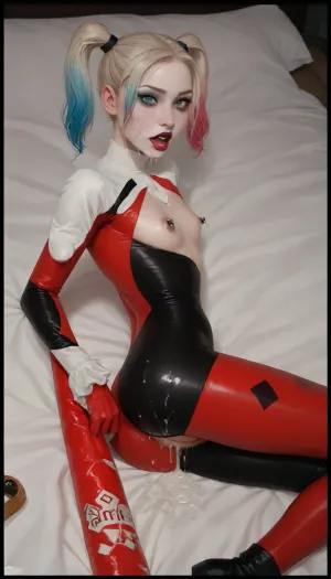 masterpiece, best quality, high resolution, hires, score_9, score_8_up, score_7_up, score_6_up, (Harley Quinn:1.4), solo photo, blond hair in big fluffy pigtails one dyed blue the other dyed red, in a red and black skin tight leather clown wetsuit, slim body, flat chested, gumdrop nipples, big areola, hairy pussy, big bush, round ass, metal nipple clamps, ahegao expression, globs of cum on face, globs of cum on breasts, globs cum on body, globs of cum on pussy, globs of cum on ass, cum pouring out of pussy, (Harley laying flat on her side legs closed covered in cum), side view, at night, detailed background ratatatat74, incase style, anime fantasy, Harley, Quinn, woman, cum, on, face, <lora:287175_training_data:1.4>, <lora:ratatatat74-000050:1.4>, <lora:hqhbo-000009:1.4>, <lora:JustCum:1.4>