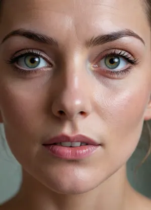 (Réalisme), buste d'une femme de 60 ans, en sueur, visage détaillé et fin, pommettes saillantes, des rides aux coins des yeux, le front froncé, cheveux argentés courts, yeux verts intenses, nez bosselé, maquillage intense des cils, souriante, sourcils parfaitement dessiné, fossette, diadème, regard intense