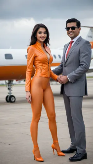 Indian Bengali woman, 18 years old young Beautiful sexy bengali sexy married wife, prominent sexy face, mediam breasts, high tied up hair, naked pussy, (smile:.7), (clothing, (a Orange latex jacket, pantyhose, pantimedias, with a businessman who is in business suit, holding the business man's hand, standing outside a private jet airplane on a crowded airfield)), shaking hand with a crowd of businessman delegation