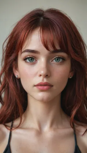 Portrait, long face, massively large bright green eyes, large cute nose, long chin, thin lips, short thick eyebrows, long red hair with thick bangs.
Hd, hdr, hi res, realistic, proportional arms and legs
