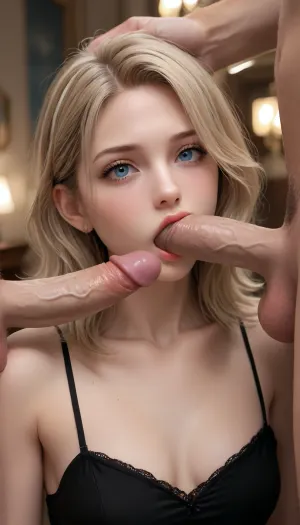 Blonde woman, blue eyes, long hairlashes, threesome with two guys, spitroasted, woman, Big boobs, show al body in hotel, bdsm, black ligerine dress, blowjob spitroasted, sex, <lora:xyzgirl-000002:.8>