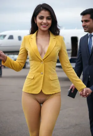 Indian Bengali woman, 18 years old young Beautiful sexy bengali sexy married wife, prominent sexy face, mediam breasts, high tied up hair, (smile:.7), (clothing, (micro mini very short length, fully transparent totally seethrough latex pantyhose with a proper yellow velvet blazer without shirt, seethrough transparent pantyhose, pantimedias, with a businessman who is in business suit, holding the business man's hand, standing outside a private jet airplane on a crowded airfield)), shaking hand with a crowd of businessman delegation, among the crowd, showing naked pussy through the hose to the crowd
