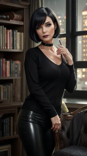 A realistic, atmospheric photo of a mature goth woman in her mid-40s, (Ann), in her apartment. She is standing near a large window overlooking a rainy city at night. She has a sharp bob haircut and is wearing a comfortable but elegant outfit, a simple black cashmere sweater and tight leather pants. She has just taken off her work blazer, which is slung over a chair. Her makeup is dark and perfect. She holds a lit cigarette in one hand, a small stream of smoke curling upwards, and looks over her shoulder at the camera with a calm, knowing, and slightly melancholic expression. The room is filled with books and strange, artistic objects. Moody lighting, realistic textures, 4K.