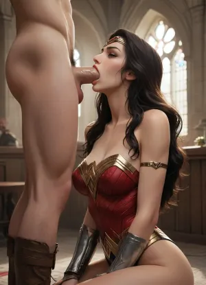 Cartoon, masterpiece, best quality, high resolution, hires, score_9, score_8_up, score_7_up, score_6_up, (Wonder Woman:1.4), leather one piece, metal vembraces, metal boots, long brown flowing hair, athletic amazon body, big perky breasts, gumdrop nipples, thick thighs, wide hips, big heart shaped ass, hairy pussy, big hairy bush, on knees, (man in a superman outfit out of frame), gigantic thick penis, throat fucking, sloppy, (superman is throat fucking wonder woman), superman, close up, in a big church, big window in background, sunlight through window, detailed background, ratatatat74, incase style, anime fantasy, <lora:287175_training_data:1.4>, <lora:ratatatat74-000050:1.4>