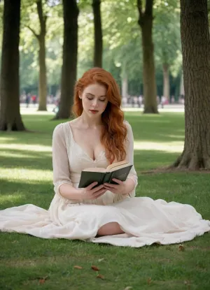 A young, beautiful red-haired poetess with flowing hair, sitting on the lush grass in the 1920 Jardin du Luxembourg. She is engrossed in reading a poetry book, her expression serene and contemplative. The scene is set during late afternoon with soft, low light filtering through the dense canopy of trees, casting dappled shadows on her and the surrounding greenery. The atmosphere evokes a peaceful, nostalgic mood reminiscent of early 20th-century Parisian life. The scene captures the vintage elegance of the 1920s, with her elegant attire reflecting the fashion of that era. The style is a romantic, emphasizing warm, and gentle lighting that highlight the intimate, tranquil moment. The framing is wide, capturing the lush park environment with tall trees and the historic ambiance of the Jardin du Luxembourg, creating a timeless, poetic atmosphere. Perfect eyes, masterpiece, big breast, cleavage, hyper realism, 4k, no blur, perfect face, symmetrical visage