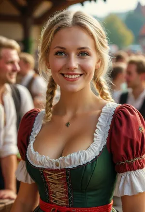German Woman, blonde hair, busty, Dirndl, very Deep neckline, smiling, Munich octoberfest, (highly detailed, photorealistic, best quality), <lora:MJ52:.8>