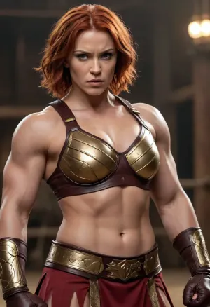 ((muscular female fighter)), ((massive muscles)), hyperrealistic, (tall woman), ((extremely muscular woman)), roman gladiator, broad shoulders, large breasts, short red hair, ((strong physique)), ((detailed abs and arms)), dark brown leather and gold bra and skirt, gold jewelry, mma gloves, in an arena scene, pale tan skin, lots of detail on clothing and armor, sharp expression, intense expression, (mid-punch pose), powerful stance, close up view
