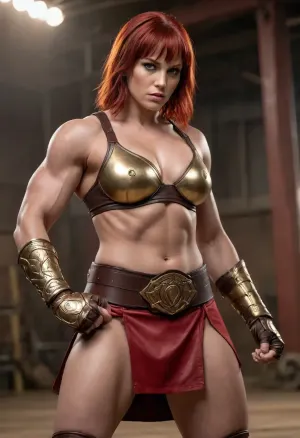 ((muscular female fighter)), ((massive muscles)), hyperrealistic, (towering woman), massive woman, ((extremely muscular woman)), roman gladiator, broad shoulders, massive breasts, short red hair styled like a gladiator helmet, ((strong physique)), ((detailed thighs abs and arms)), (dark brown leather sports bra with gold accents), (red skirt), gold jewelry, (mma gloves), gladiatorial arena scene, pale tan skin, lots of detail on clothing and armor, sharp expression, (intense expression), aggressive expression, (aggressive pose), powerful stance, close up view