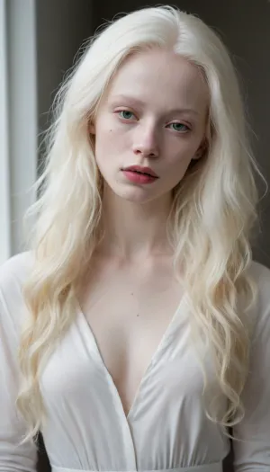 a young, albino, Scandinavian woman, with white, messy long hair. She has white, extremely pale skin. She has white eyebrows and white eyelashes.