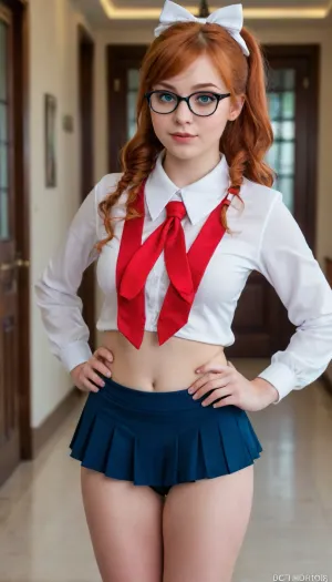 Russian schoolgirl 18 years old, sexy school uniform, ((without underwear)), protruding nipples, wet pussy, big blue eyes, small round glasses, big boods, red hair gathered in 2 tails with white bows, ((highlights of intimate places)), bright makeup, ((full body view, ultra high-quality detailing of everything depicted, the highest quality, full hd))