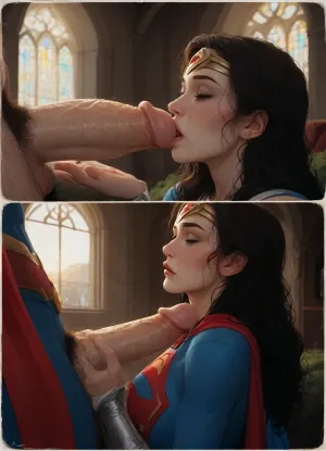 Cartoon, masterpiece, best quality, high resolution, hires, score_9, score_8_up, score_7_up, score_6_up, (Wonder Woman:1.4), leather one piece, metal vembraces, metal boots, long brown flowing hair, athletic amazon body, big perky breasts, gumdrop nipples, thick thighs, wide hips, big heart shaped ass, hairy pussy, big hairy bush, (man in a superman outfit out of frame), gigantic thick penis, face fucking, (superman is face fucking wonder woman), superman, close up, side view, in a big church, big window in background, sunlight through window, detailed background, ratatatat74, incase style, anime fantasy, <lora:287175_training_data:1.4>, <lora:ratatatat74-000050:1.4>