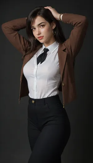 Solo, Beautiful tifa lock hart, looking in a seductive manner, eyes looking straight at the us, fair skin, long dark wavy hair, brown blazer, white shirt, black tie, black pant, sexy body, cute face, clear skin, close up, whole body visible, wearing golden anklets, golden bangles, golden chain, curvy figure, thick arms, thick hips, thick thighs, seductive face, looking at the viewer with lust, beautiful detailed face, amazingly sexy face, side view, standing straight in a sexy way, hands over her head, black background, rim lighting, key lighting