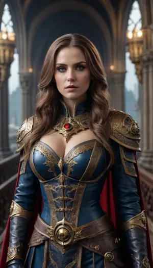 Beautiful female Rogue Trader from Warhammer 40k, tall and commanding with an aura of nobility and danger. Elegant yet battle-ready build, pale flawless skin, piercing eyes filled with ambition, long flowing hair styled regally, large bimbo breasts. Wearing ornate voidsuit or high gothic coat with gilded trim, decorated with purity seals, rosettes, and aquila insignia. Standing confidently on the bridge of a massive voidship. Surrounded by gothic starship architecture, stained glass, servo-skulls, cogitators, and banners of the Imperium. Ultra-realistic grimdark gothic sci-fi art, highly detailed, cinematic lighting, atmosphere of wealth, faith, and ruthless power.