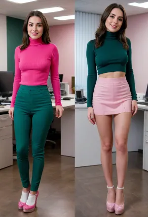 Before and after, a shy conservative Christian girl with dark brown hair wearing a dark green turtleneck pullover, (BEFORE she is wearing long jeans pants and white sneakers, office clothes), BREAK, (AFTER she is wearing a pink pleated micro skirt and pink platform high heels, slut outfit), <lora:OnoffXL_ExtraCrispy:.4>
