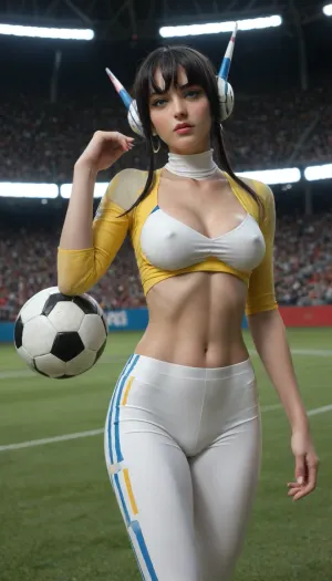 Elesa from pokemon, leggings, turtleneck, lined sketch, dieselpunk, medium breasts, covered nipples, cleavage, hand is rise up, football stadium