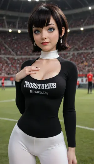 Mavis Dracula from Hotel Transylvania, white leggings, white turtleneck, white lined sketch, dieselpunk, covered nipples, cleavage, one hand on chest, football stadium